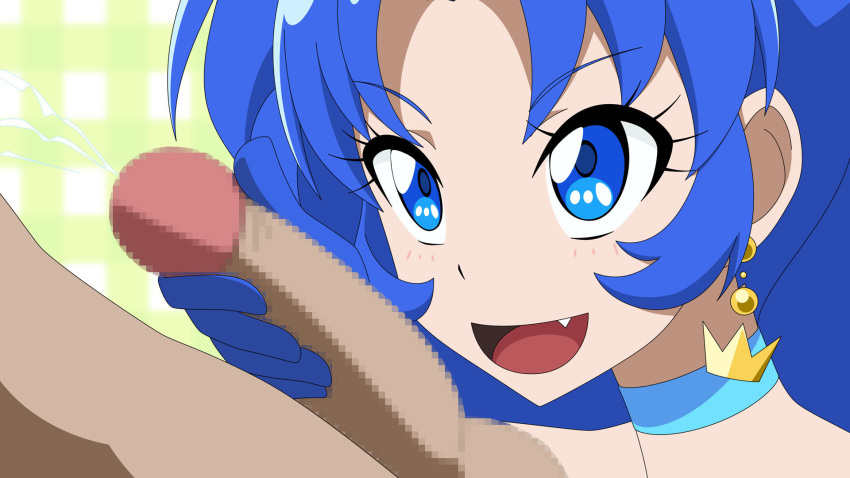 1boy atelier_gons blue_eyes blue_hair censored cure_gelato female handjob imminent_fellatio imminent_oral magical_girl oral partial_male penis precure pretty_cure tategami_aoi