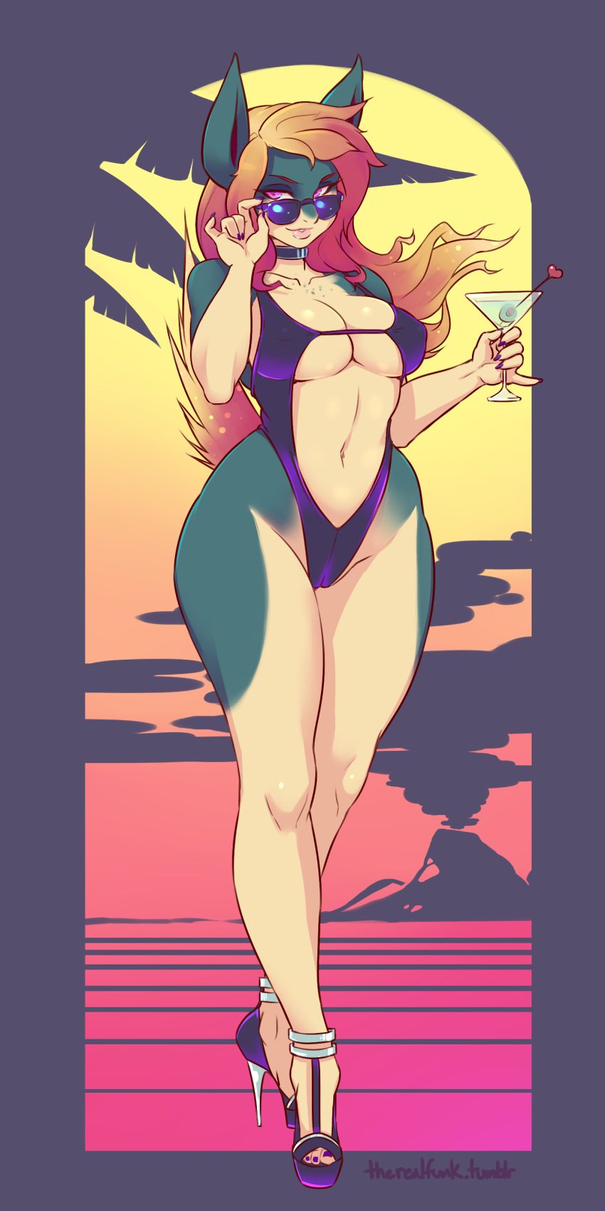 1girls alcohol anthro beach big_butt bikini breasts cameltoe cleavage female female_focus full-length_portrait game_freak high_heels humanized large_breasts live_for_the_funk long_hair nintendo orange_hair pokemon pokemon_(species) purple_eyes quilava solo solo_female sunglasses sunset swimsuit typhlosion voluptuous