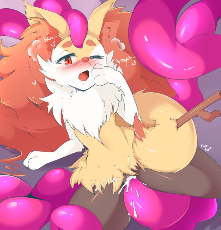 2018 blush braixen canine cum drooling female fluffbug fluffy fox fur hair long_hair mammal midriff navel nintendo open_mouth pokémon_(species) pokemon pokemon_(species) pussy red_hair saliva sex solo tentacle thick_thighs video_games white_fur yellow_fur