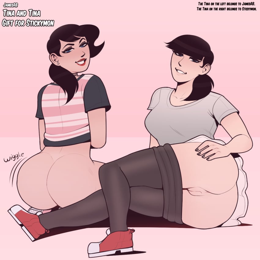 anus ass big_ass black_hair blue_eyes blunt_bangs bottomless choker earrings female female_only fruit_basket_(jamesab) jamesab looking_at_viewer looking_back miniskirt original_character pants_down pantyhose pussy shoes sneakers t-shirt tina_(stickymon) tina_marconi_(jamesab)