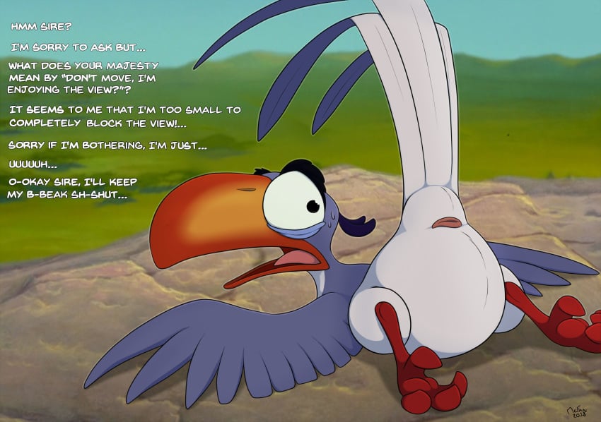 1boy animal_genitalia avian beak bird cloaca detailed_background dialogue disney english_text exposed feathered_wings feathers feral hornbill looking_back lying male male_only mcfan open_mouth red-billed_hornbill solo spread_legs spreading submissive submissive_male text the_lion_king wings zazu