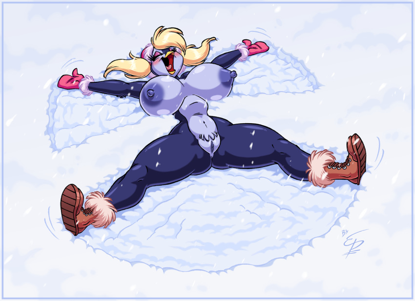 anthro big_breasts boots breasts eltonpot female mittens naked_boots naked_footwear naked_with_shoes_on nekkie_niceburgs nude penguin pussy smile snow_angel