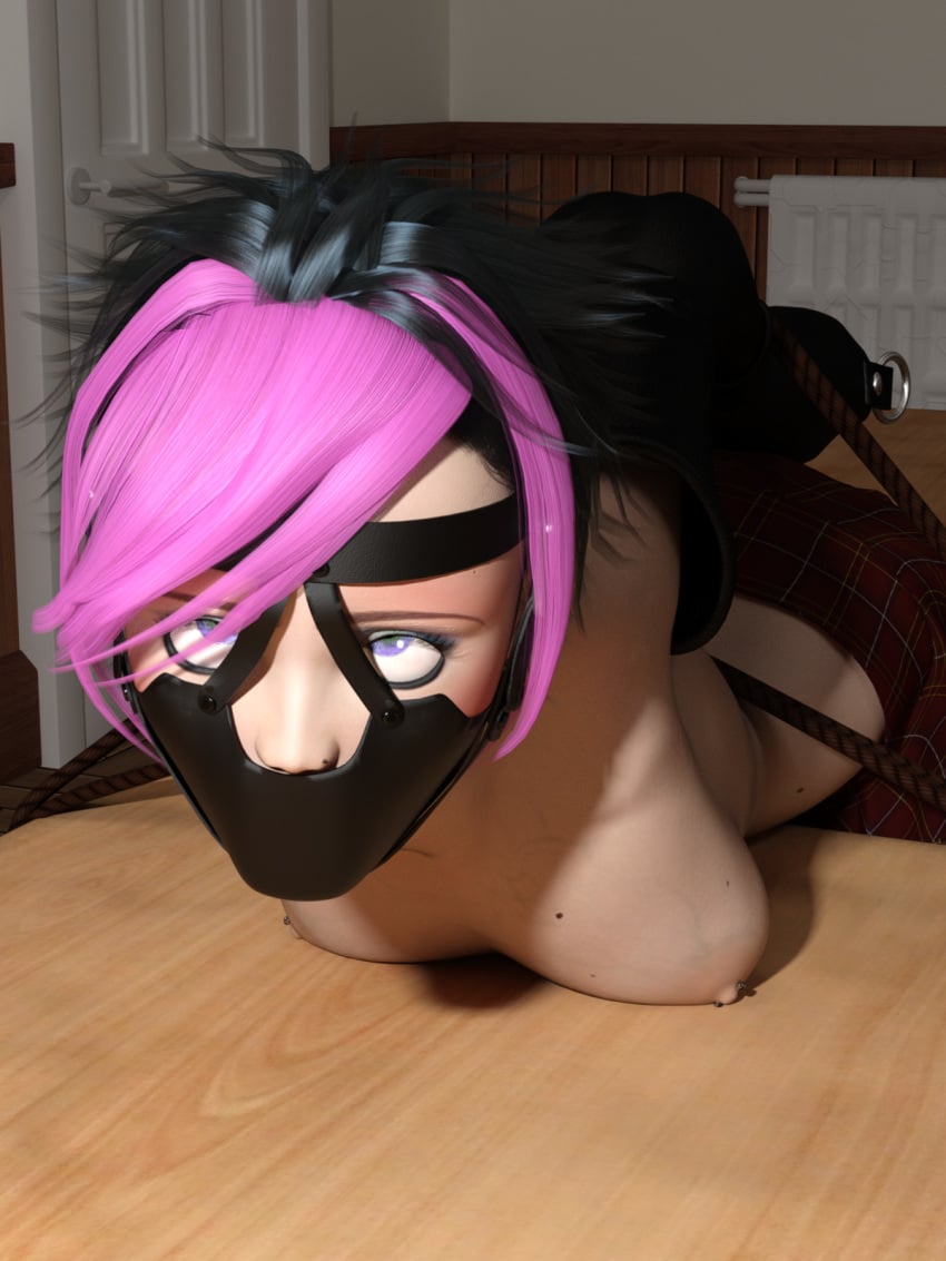 3d ahe_gao armbinder arms_behind_back blue_eyes bondage breasts female femsub gag harness_gag nipple_piercing panel_gag pink_hair pink_highlights plaid_skirt restrained silenceyoursword skirt topless