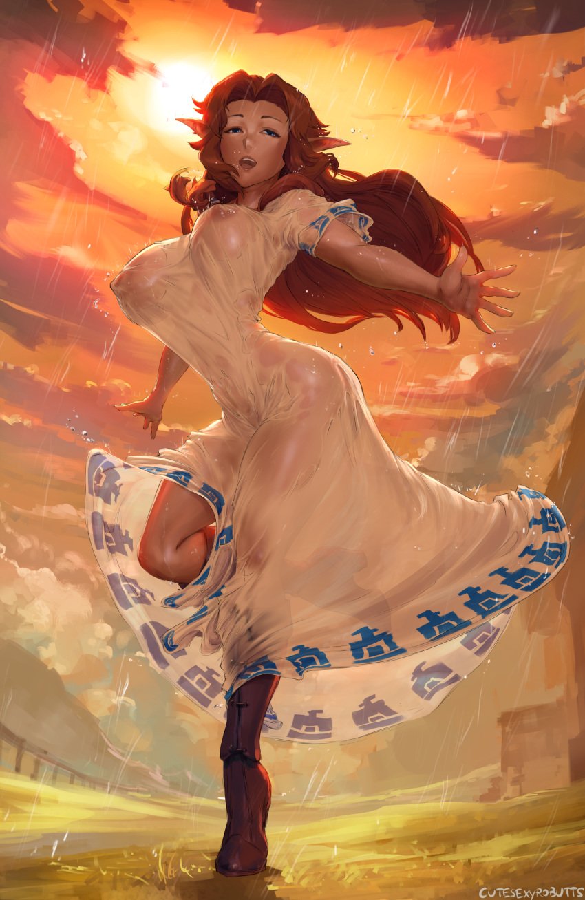 1girls areolae auburn_hair big_breasts boots breasts clothing cutesexyrobutts dancing dress elf_ears female female_only highres large_breasts long_hair long_red_hair looking_at_viewer malon nintendo nipples ocarina_of_time rain raining red_hair see-through see-through_clothing solo the_legend_of_zelda wet wet_clothes wet_dress