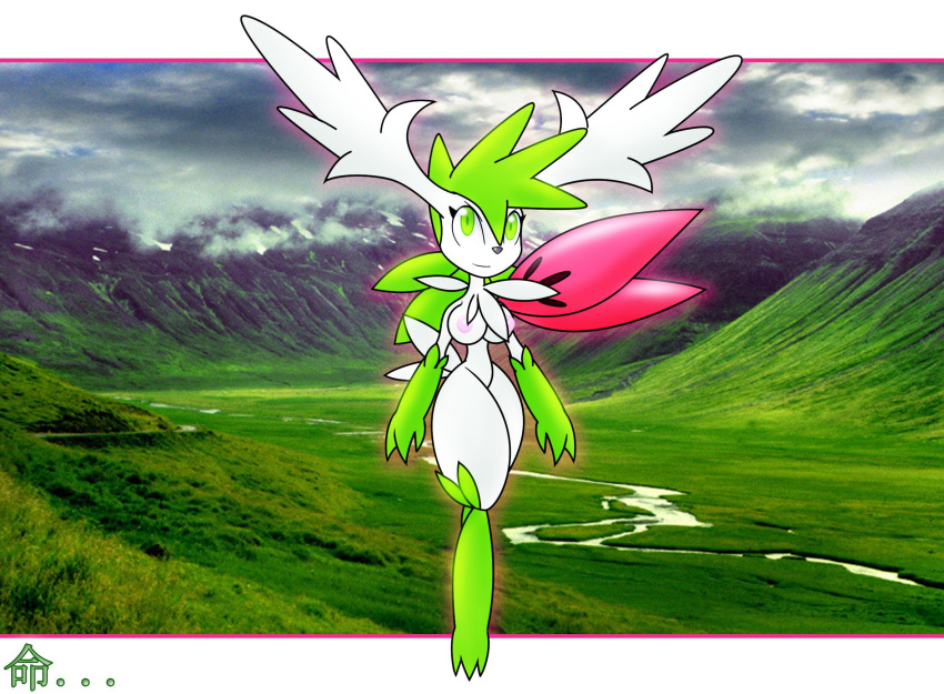 anthro breasts color female female_only front_view fur furry gb_of_bs green_hair hair nintendo nipples nude pokemon pokemon_(species) shaymin shaymin_(sky_form) solo standing tagme white_fur