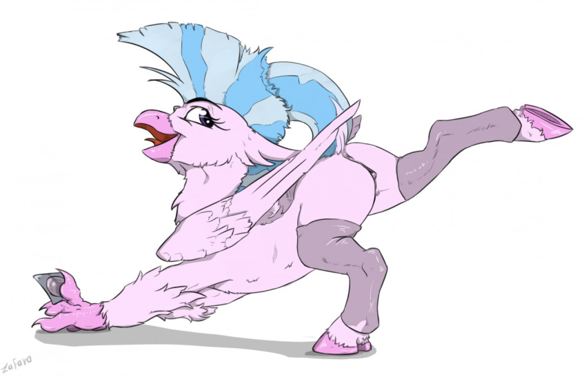 2018 animal_genitalia animal_pussy anus avian beak blue_hair condom equine_pussy feathers female feral friendship_is_magic hair hippogriff hippogryph hooves looking_at_viewer mohawk my_little_pony pink_body pink_feathers pussy raised_tail silverstream_(mlp) solo stretching wings zafara_(artist)