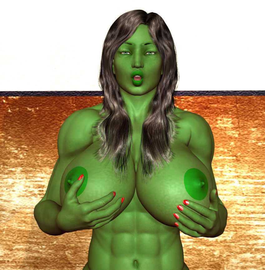 1girls 3d 3d_(artwork) abs big_breasts black_hair breasts chup@cabra female female_only fondling_own_breasts green_skin huge_breasts hulk_(series) large_breasts marvel marvel_comics muscles muscular muscular_female nipples painted_nails she-hulk solo