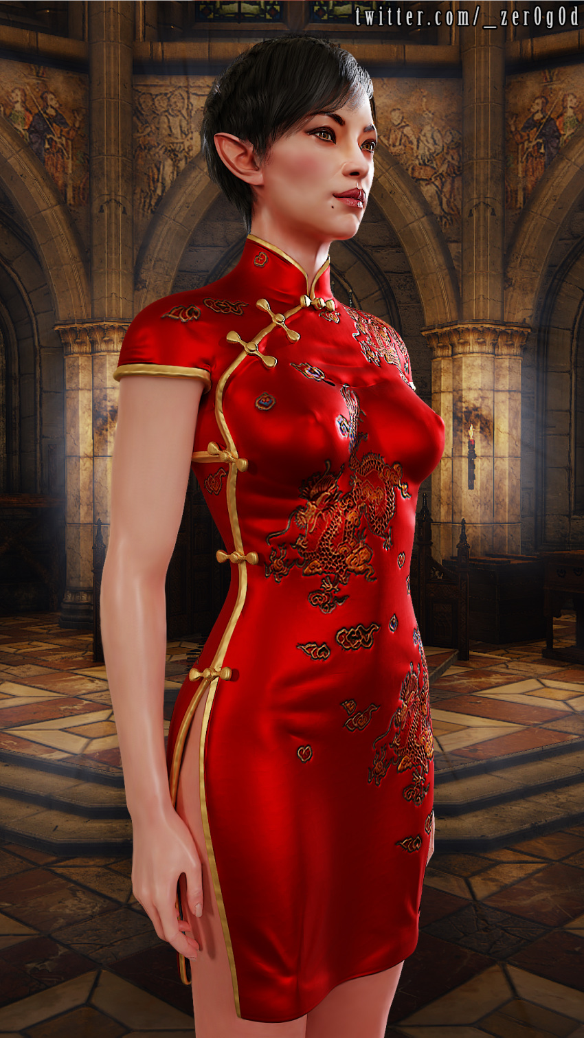 1girls 3d black_hair breasts cd_projekt_red chinese_dress erect_nipples erect_nipples_under_clothes eveline_gallo female female_only nipples_visible_through_clothing red_dress solo standing the_witcher_(series) the_witcher_3:_wild_hunt zer0g0d