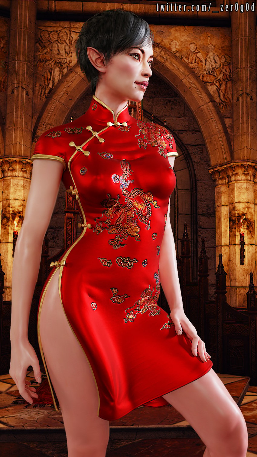 1girls 3d black_hair breasts cd_projekt_red chinese_dress elf erect_nipples erect_nipples_under_clothes eveline_gallo female female_only nipples_visible_through_clothing pointy_ears red_dress solo standing the_witcher_(series) the_witcher_3:_wild_hunt zer0g0d