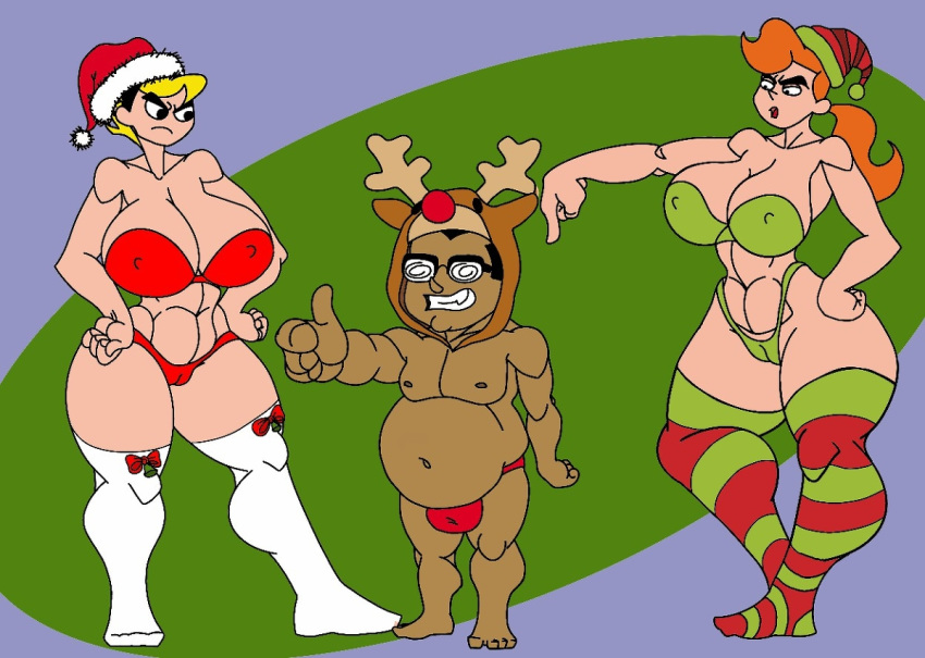 1boy 2girls aged_up alternate_version_available angry bare_shoulders big_belly big_breasts bikini bikini_bottom bikini_top black_eyes blonde_hair boots busty caglioro3666 cartoon_network christmas cleavage curvy dark-skinned_male detailed_background erect_nipple erect_nipples female footwear front_view gesture glasses grown_up hat hourglass_figure human legwear long_hair looking_down male mandy mandy_(billy_and_mandy) midriff mindy_(tgaobam) multiple_females multiple_girls nipple_bulge no_nose older open_mouth orange_hair ponytail pose posing santa_hat short_hair spread_legs spreading stockings swimsuit the_grim_adventures_of_billy_and_mandy thong thumbs_up tied_hair voluptuous white_footwear white_legwear white_stockings wide_hips yellow_hair