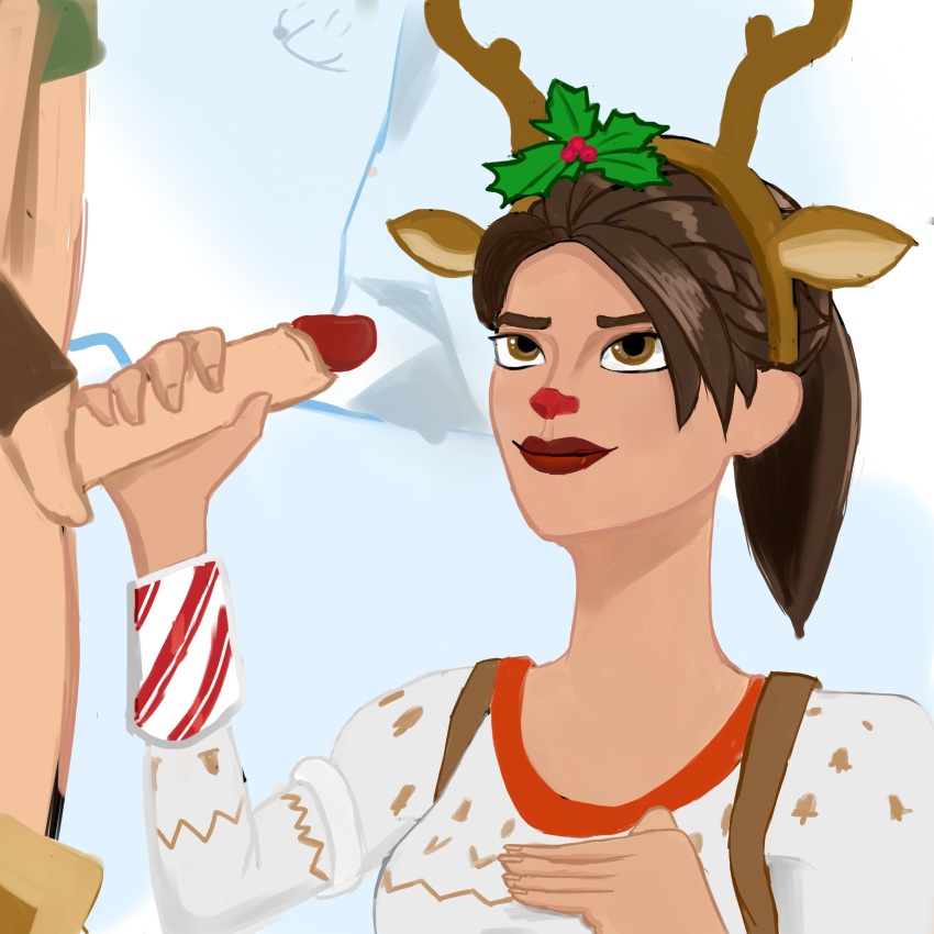 antlers bambambobam big_penis brown_eyes christmas_sweater drilllewd duo faceless_male fake_animal_ears fake_antlers fake_horns female fortnite hairband handjob headband headwear human lewdrill lipstick looking_up male mistletoe noobingpainter penis ponytail ramirez_(fortnite) red_lipstick red_nose red_nosed_raider self_upload smile solo_focus straight sweater tagme