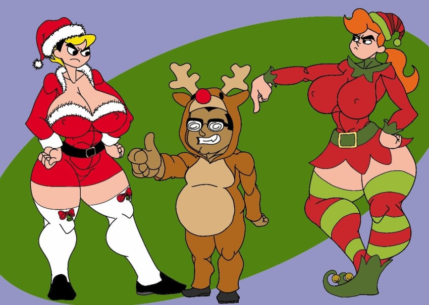 >:( 1boy 2girls aged_up alternate_version_available angry belt big_breasts black_eyes blonde_hair boots busty caglioro3666 cartoon_network christmas christmas_outfit cleavage curvy dark-skinned_male detailed_background erect_nipple erect_nipples female footwear front_view gesture glasses grown_up hat hourglass_figure human irwin_(grim_adventures) legwear long_hair looking_down male mandy_(billy_and_mandy) mindy_(tgaobam) multiple_females multiple_girls nipple_bulge no_nose older open_mouth orange_hair ponytail pose posing red_dress santa_costume santa_hat shoes short_hair spread_legs spreading stockings the_grim_adventures_of_billy_and_mandy thumbs_up tied_hair voluptuous white_footwear white_legwear white_stockings wide_hips yellow_hair