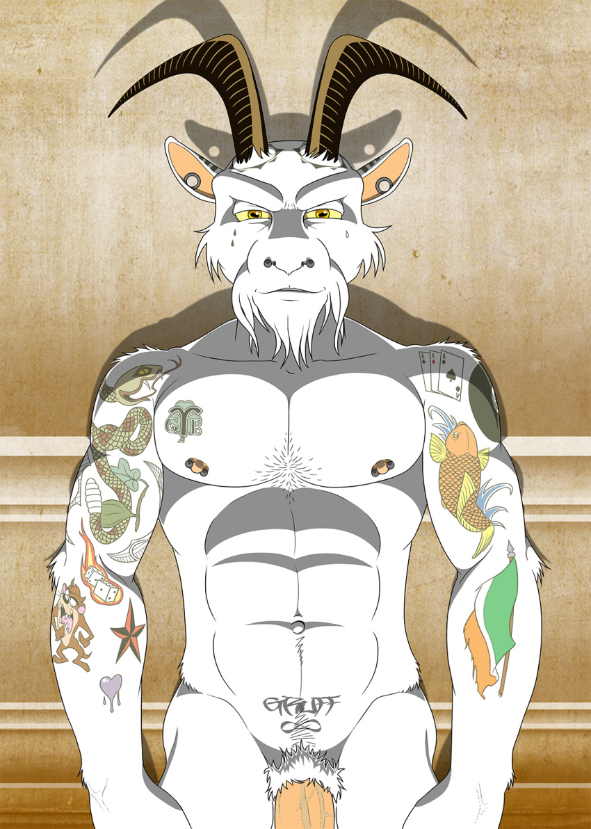 anti_dev beard caprine detailed_background ear_piercing facial_hair fur furry furry_only gay goat horn lars_(anti_dev) male male_on_male male_only mammal nipple_piercing nipples nude penis piercing pubes shadow solo tattoo yaoi