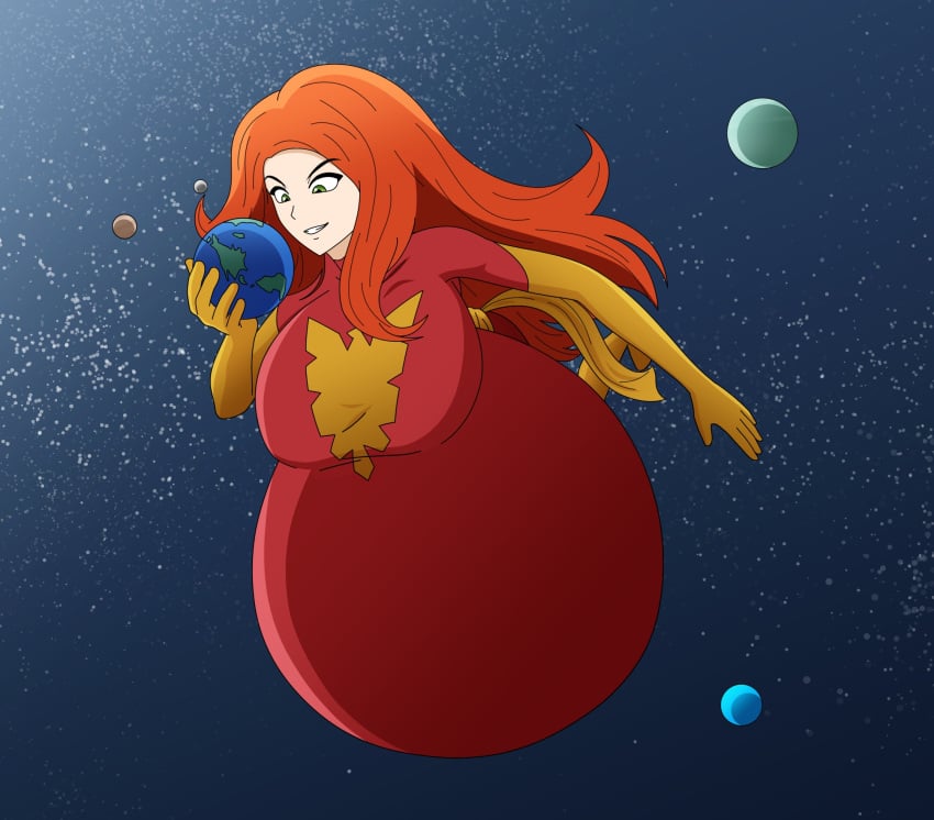 armageddon big_belly clothing cumflation damnitshuge dark_phoenix evil_smile giantess holding_planet huge_belly hyper jean_grey marvel marvel_comics planet planetary pregnant red_hair vore x-men