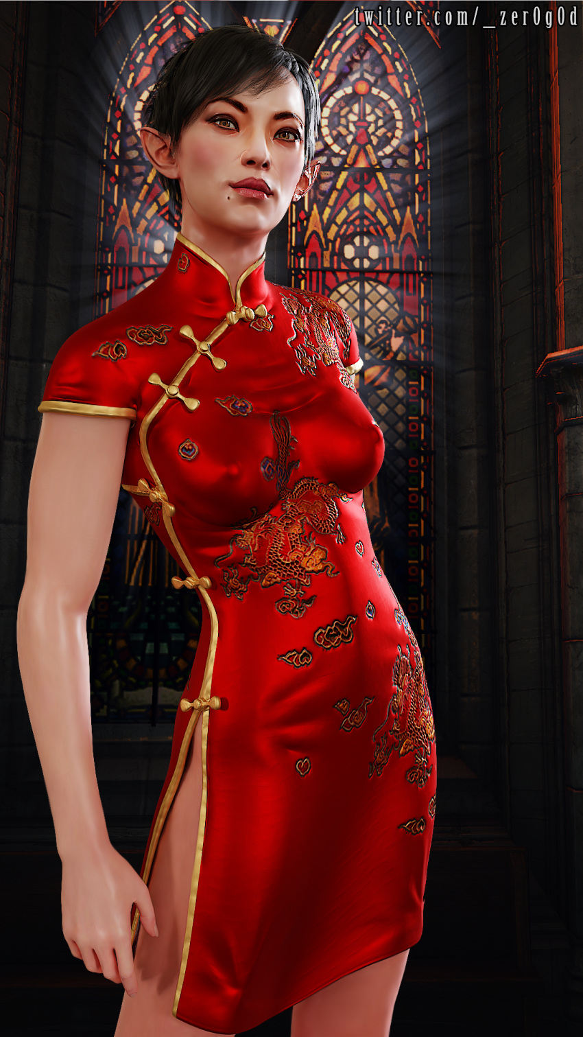 1girls 3d black_hair breasts cd_projekt_red chinese_dress elf erect_nipples erect_nipples_under_clothes eveline_gallo female female_only nipples_visible_through_clothing pointy_ears red_dress solo standing the_witcher_(series) the_witcher_3:_wild_hunt zer0g0d