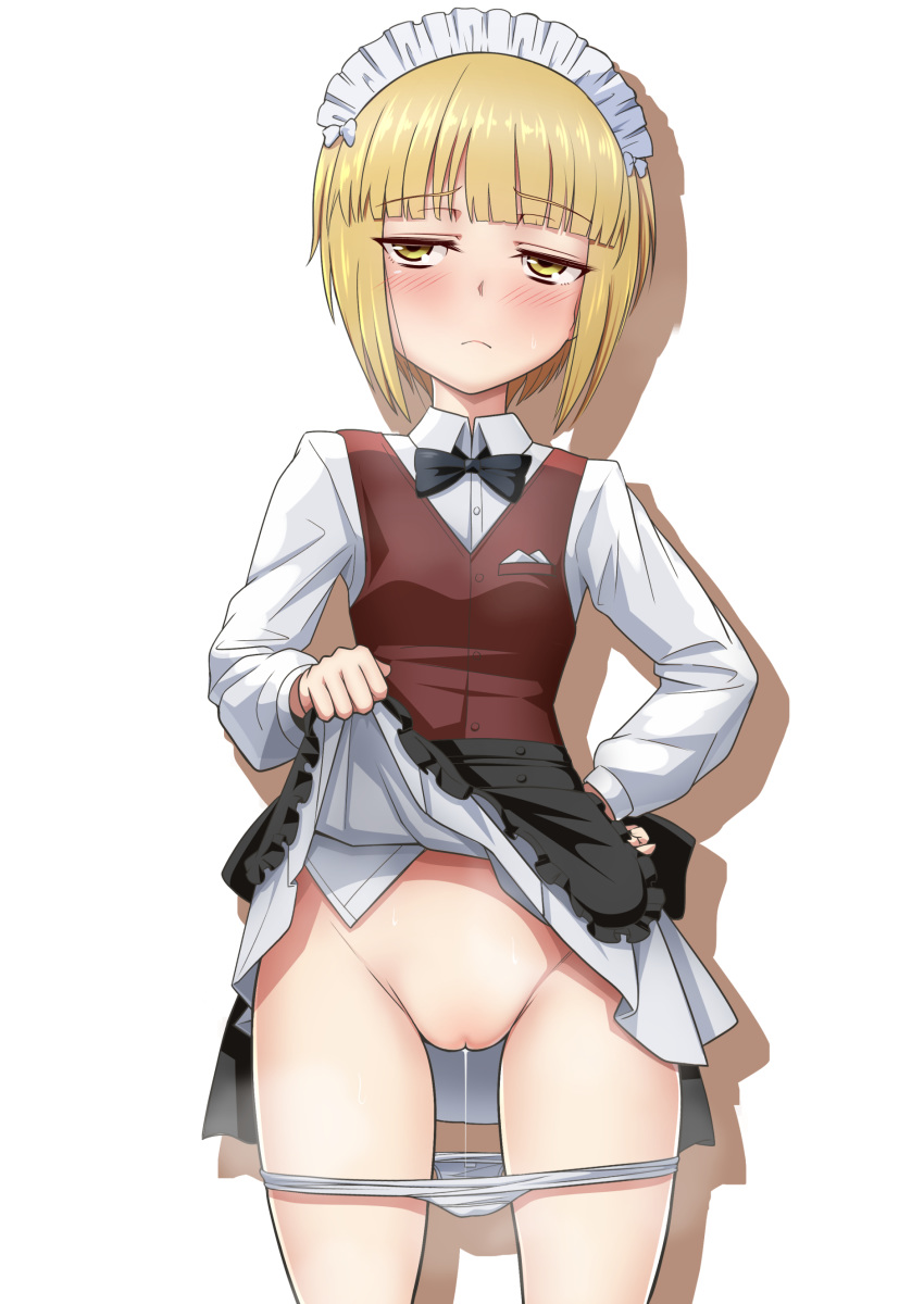 absurdres apron bangs blonde_hair blunt_bangs blush bow bowtie cosplay cutlass_(girls_und_panzer) eyebrows_visible_through_hair female girls_und_panzer groin hand_on_hip highres lifted_by_self maid_headdress panties panty_pull pussy_juice pussy_juice_trail sekai_saisoku_no_panda short_hair silhouette simple_background skirt solo underwear vest white_background white_panties yellow_eyes