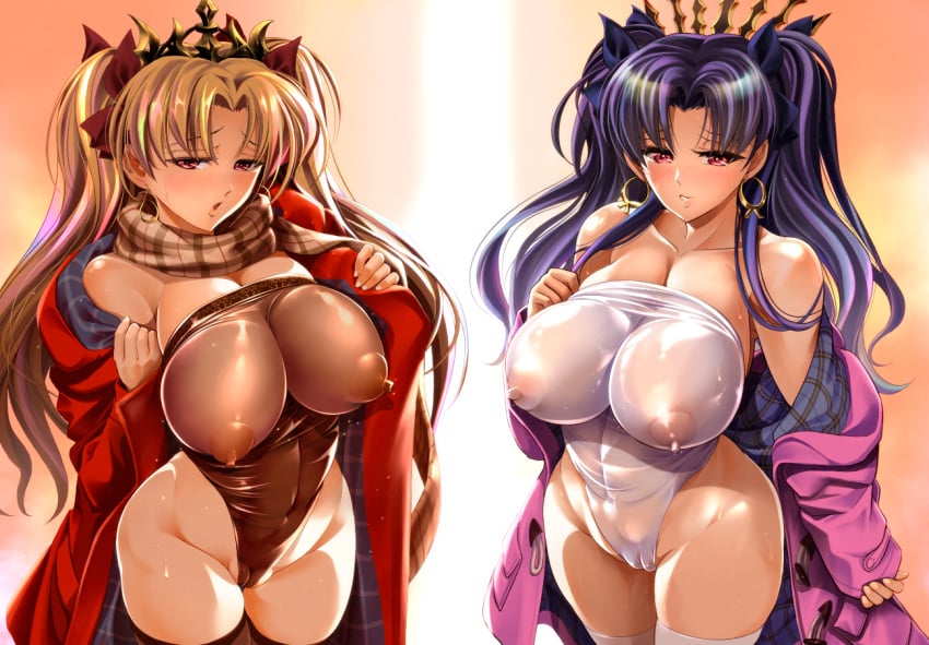 2girls bare_shoulders black_hair blonde_hair blush cleavage cloak crown curvy detailed_background ear_piercing earrings erect_nipple erect_nipples ereshkigal_(fate) eyelashes fate/grand_order fate_(series) female female_only front_view hoop_earrings human ishtar_(fate) kawaraya_a-ta large_breasts leotard long_hair looking_at_viewer multiple_girls nipple_bulge open_mouth piercing pose posing red_eyes scarf see-through shiny shiny_skin siblings sister sisters standing sweat thong tohsaka_rin voluptuous wide_hips yellow_hair