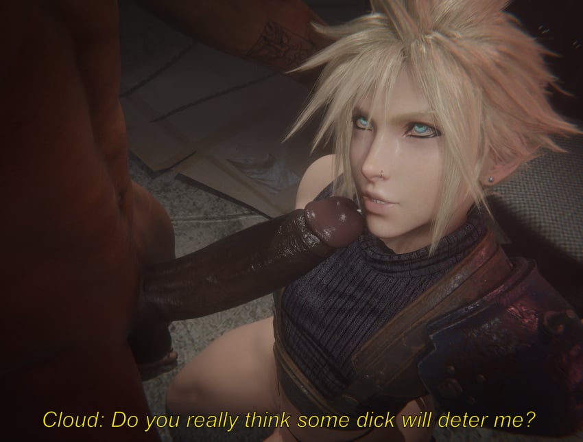 2boys 3d blender blenderdude blonde_hair blue_eyes bottomless cloud_strife dark-skinned_male dialogue eyeliner femboy feminine_male final_fantasy gay holding_head imminent_oral interracial interrogation looking_up on_knees penis_on_face penis_out precum smug tagme talking text