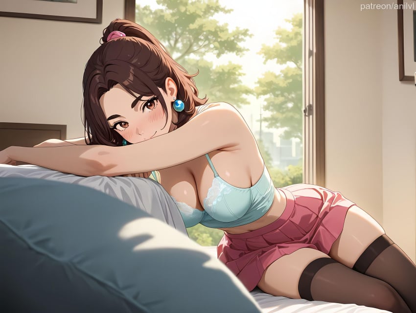 1girls ai_generated anilvl aqua_bra ayase_momo bangs bare_arms bare_shoulders bed bed_sheet black_thighhighs blue_bra blush bra breasts brown_eyes brown_hair brown_thighhighs cleavage closed_mouth danbadan earrings high_ponytail indoors jewelry large_breasts leaning_to_the_side long_hair looking_at_viewer lying medium_hair midriff miniskirt navel on_bed parted_bangs picture_frame pillow pink_skirt pleated_skirt ponytail red_skirt sitting skindentation skirt smile solo thick_eyebrows thighhighs thighs tree underwear window zettai_ryouiki