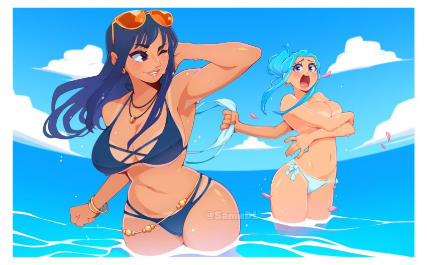 2girls assisted_exposure beach big_breasts bikini blue_hair covering_breasts female female_only hana_hana_no_mi large_breasts large_hips long_hair nefertari_vivi nico_robin ocean one_piece samudl smiling tagme tan_body tan_skin tanline tanlines topless