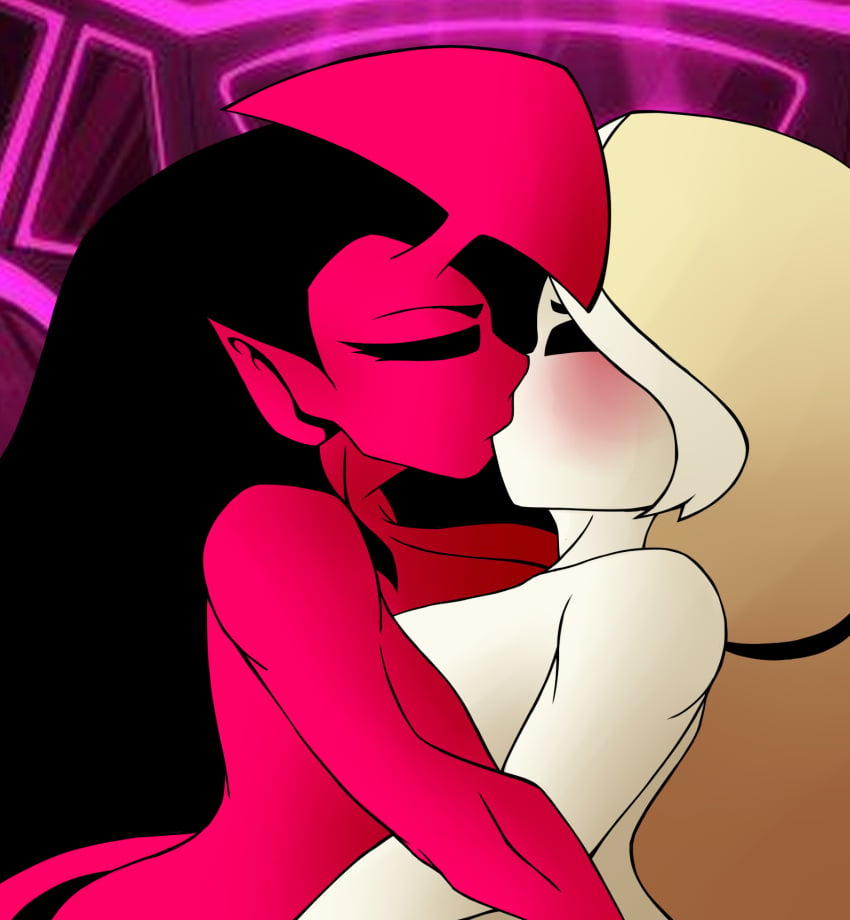 2females 2girls bettysantana big_hair black_hair charlie_morningstar charlie_morningstar_(hazbin_hotel) closed_eyes closeup demon_tail hazbin_hotel hug kissing lesbian_kiss light_yellow_hair oc original_character red_body succubus succubus_horns thighs white_body yuri