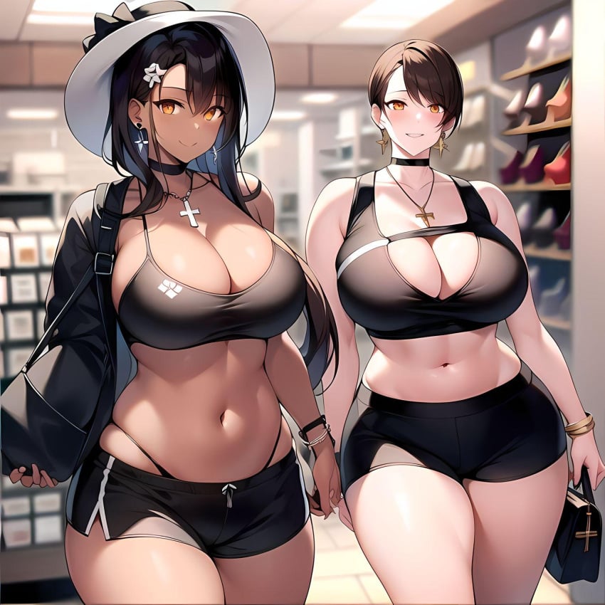 2girls accessory ai_generated amber_eyes big_breasts black_hair bracelet bracelets brown_hair brown_hair brunette_hair choker clothed clothing cross cross_earrings cross_necklace curvaceous curvaceous_figure curves curvy curvy_body curvy_female curvy_figure curvy_hips dark-skinned_female dark_hair dark_skin ear_piercing earrings female female_focus female_only fit_female gold_eyes gold_jewelry golden_eyes gym_bottomwear gym_clothes gym_clothing gym_shorts gym_uniform hair hat head_accessory headwear hips holy jewelry large_breasts large_female long_hair necklace only_female pale-skinned_female pale_skin pierced_ears piercing purse religion shoes shopping short_hair shorts sports_bra standing store tall_female tan_body tan_skin thee_voiid thong voluptuous voluptuous_female walking yellow_eyes