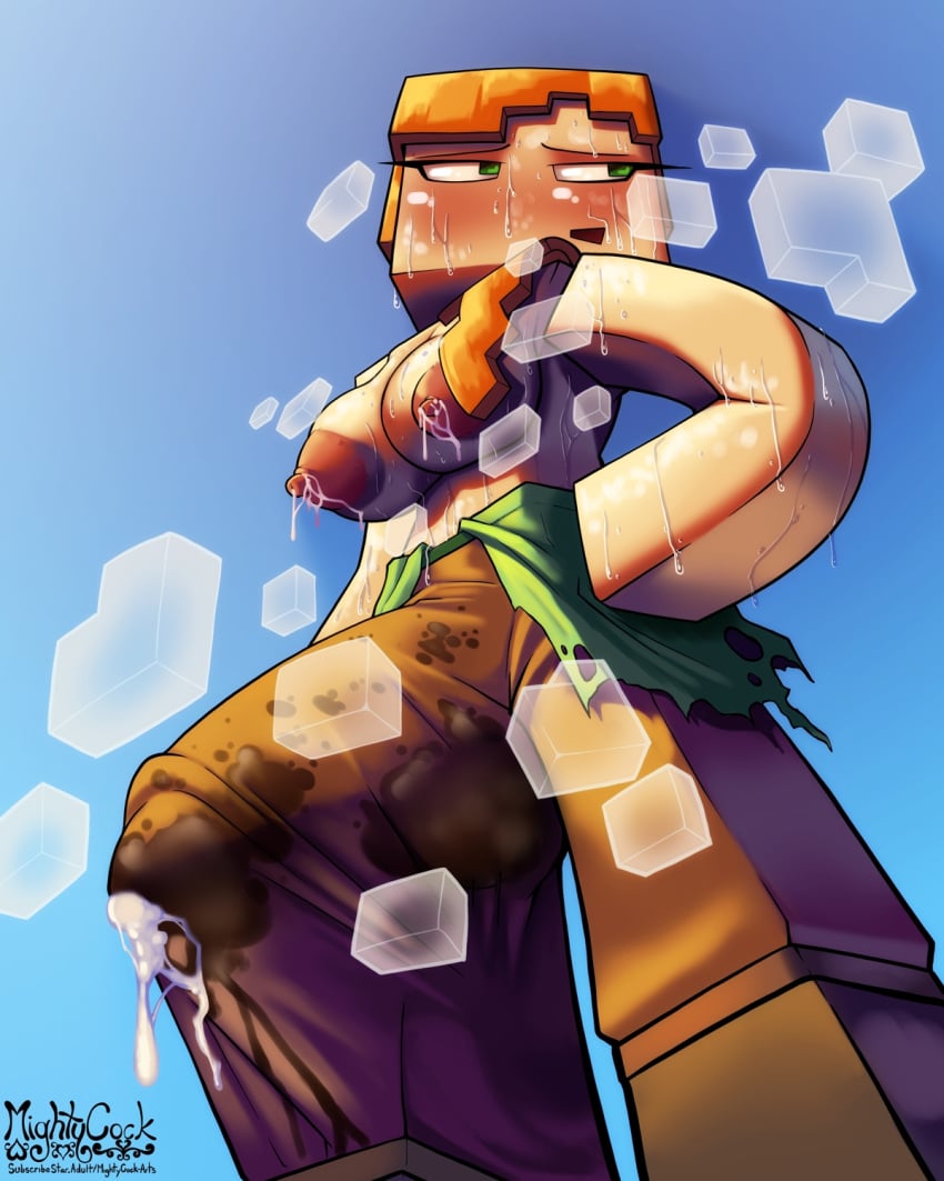 1futa 2d alex_(minecraft) balls big_breasts big_penis blocky_body blush breasts clothed clothing cum erect_nipples erection futa_only futanari green_eyes huge_cock human lactating light-skinned_futanari light_skin looking_back low-angle_view mightycock minecraft nipples no_bra orange_hair partially_clothed penis penis_bulge penis_visible_through_pants precum precum_through_clothing sagging_breasts short_hair solo standing sweat sweatdrop topless wet