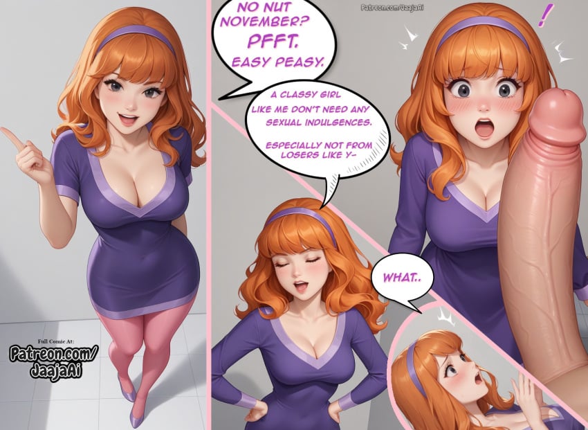 ai_assisted ai_generated big_penis blush brat bratty bratty_submissive breasts cleavage cock_shock cocky comic comic_page daphne_blake different_angle different_poses dress headband horny horny_female jaajaai multiple_images multiple_views no_nut_november orange_hair pantyhose penis_awe penis_out perfect_body pink_pantyhose scooby-doo tagme