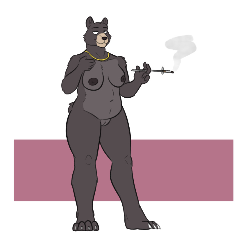 1:1 4_toes 5_fingers anthro bear big_breasts black_bear black_body black_fur black_nose breasts can-be-quite-crude cigarette cigarette_holder claws digital_drawing_(artwork) digital_media_(artwork) feet female fingers fur genitals hi_res hindpaw humanoid_hands jewelry mammal mature_anthro mature_female necklace nipples nude nude_anthro nude_female paws plantigrade pussy smile smoke solo standing tail toe_claws toes ursine victoria_(can-be-quite-crude)