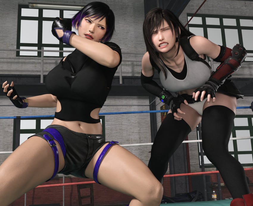 2girls catfight crossover crotch_grab female female_only final_fantasy final_fantasy_vii final_fantasy_vii_remake gcb grabbing grabbing_pussy groping groping_crotch pain panties pussy_grab reina_mishima ryona square_enix tekken tekken_8 thick_thighs tifa_lockhart yuri