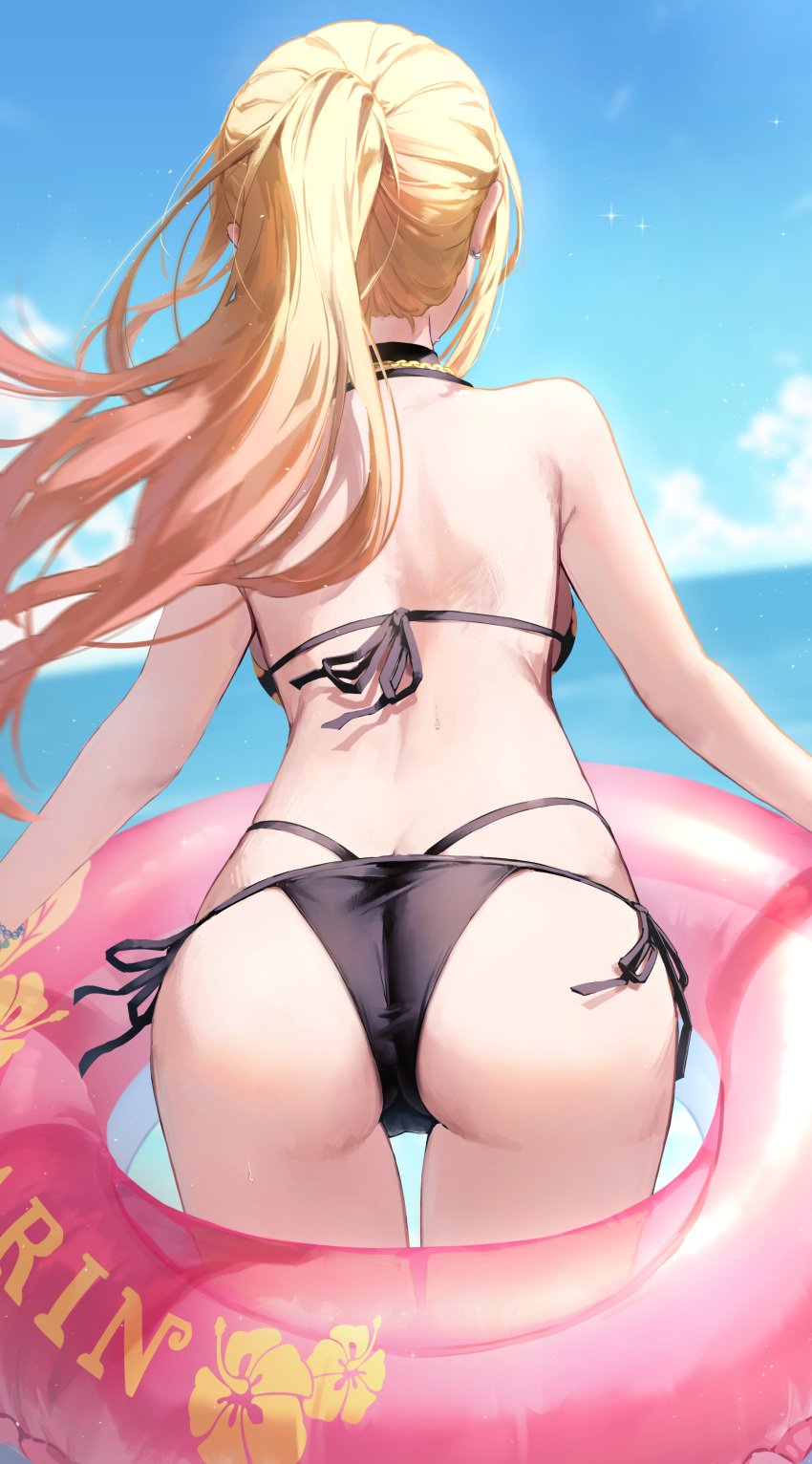 1girls absurdres ass back backboob bare_shoulders bikini black_bikini blonde_hair blue_sky breasts day female floating_hair from_behind gradient_hair highres innertube kitagawa_marin long_hair morros multicolored_hair ocean outdoors ponytail side-tie_bikini_bottom sky small_breasts solo sono_bisque_doll_wa_koi_wo_suru summer sweat swim_ring swimsuit transparent