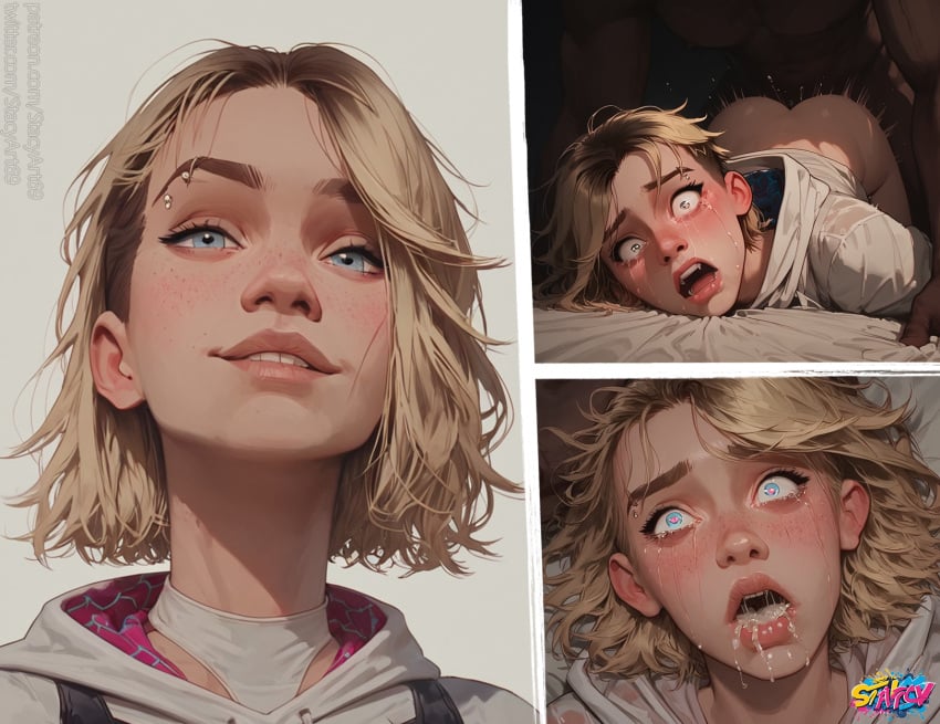 1boy 1girls 2d 4koma ai_generated before_and_after blonde_hair blue_eyes cum_in_mouth dark-skinned_male defeat defeated defeated_heroine doggy_style female gwen_stacy gwen_stacy_(spider-verse) looking_at_viewer motion_lines open_mouth panels piercing screaming sex smile spider-gwen spider-man:_across_the_spider-verse spider-man:_into_the_spider-verse spider-man_(series) spider-verse stacyart69