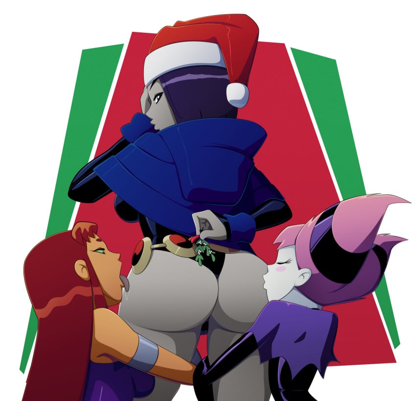 3girls ass ass_kiss belt big_breasts bob_cut bubble_butt christmas cloak clothing dat_ass dc dc_comics female female_face_near_ass female_only goth head_on_ass human jinx_(dc) kissing kissing_butt large_breasts lesbian licking mistletoe outerwear panties rachel_roth raven_(dc) ravenravenraven santa_hat small_breasts starfire teen_titans thong yuri