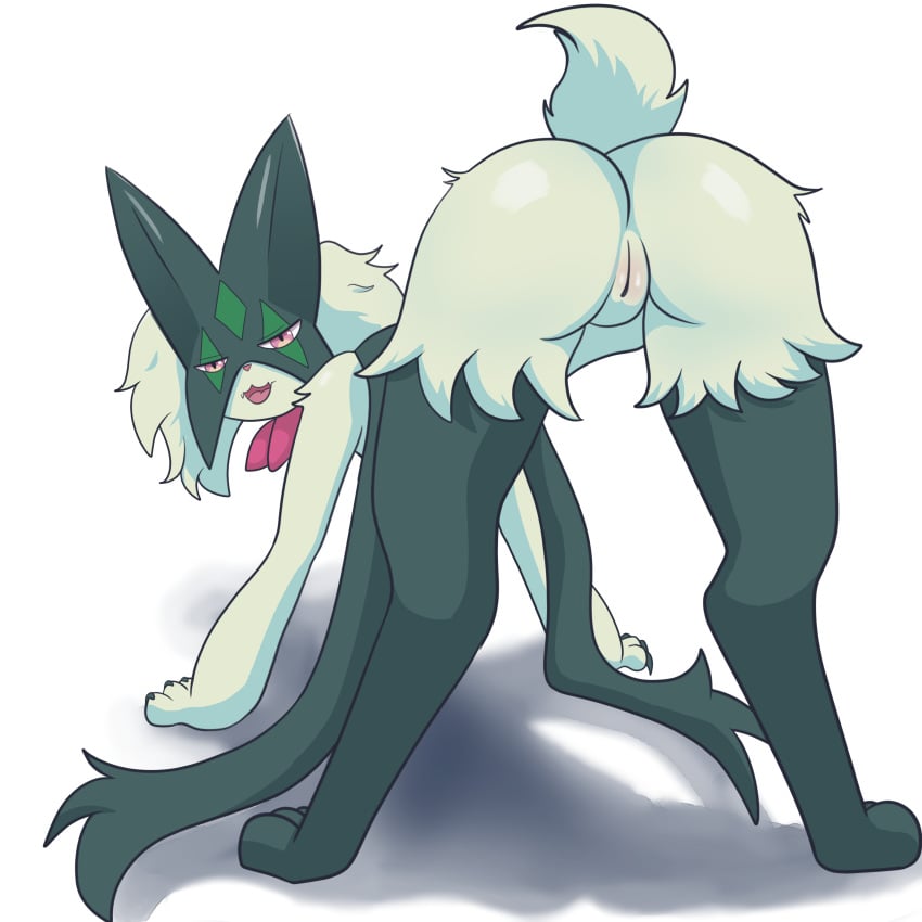 absurd_res all_fours anthro ass blarkel felid feline female generation_9_pokemon genitals green_hair hair hi_res mammal meowscarada nintendo pinup pokemon pokemon_(species) pose pussy solo