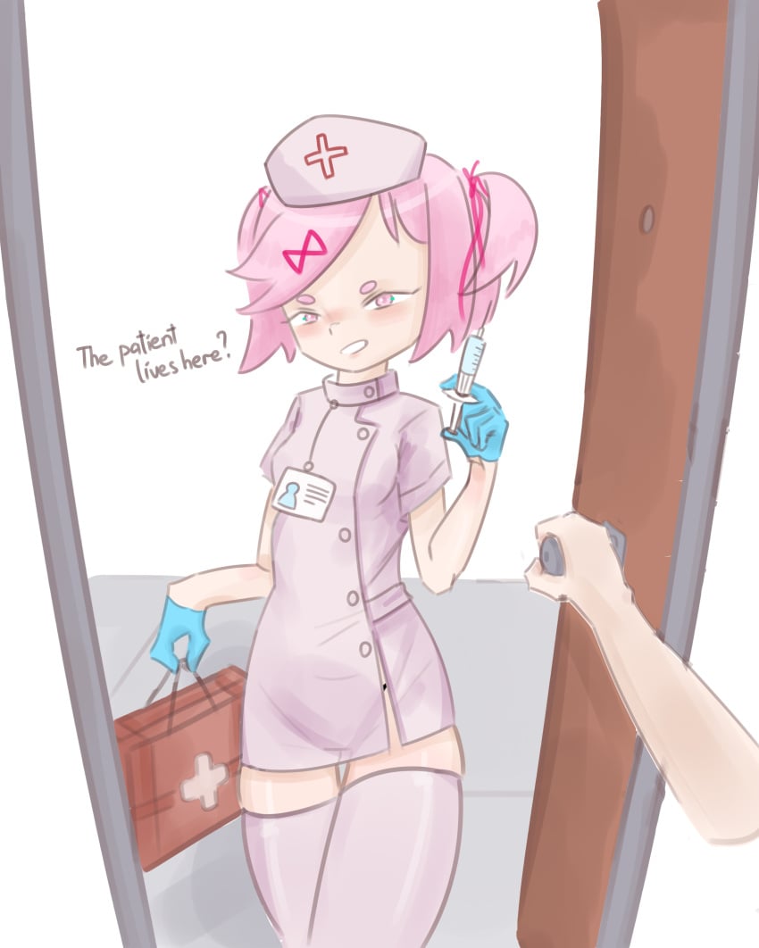 1female 1girls black_thong doki_doki_literature_club door doorway emiillb english_text gloves natsuki_(doki_doki_literature_club) nurse nurse_cap nurse_uniform pink_eyes pink_hair syringe text thighs thong thong_peek