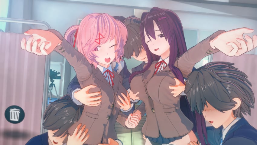 3d big_breasts cute_face cute_fang doki_doki_literature_club filming groping groping_breasts human human_only imminent_sex light-skinned_female light-skinned_male light_skin natsuki_(doki_doki_literature_club) smug_face yuri_(doki_doki_literature_club)