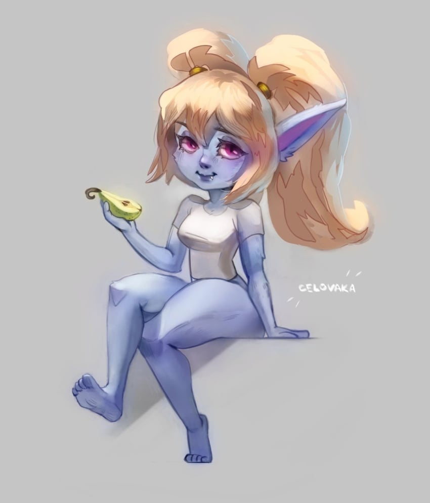 2025 big_ass big_thighs blonde_hair blue_skin celovaka feet female female_only fluffy fluffy_ears fluffy_hair food fur humanoid league_of_legends no_panties pink_eyes poppy shortstack solo solo_female solo_focus yordle