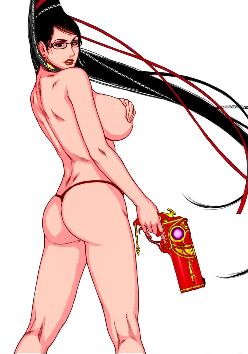 ass bayonetta bayonetta_(character) beauty_mark big_breasts black_hair breasts color earrings glasses gun hands_on_breasts kazuki_kotobuki long_hair looking_back nude thong