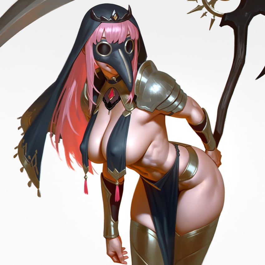 2024 ai_assisted alternate_costume armor bent_over big_breasts bracers breast_curtain crown greaves hi_res holding_weapon hololive hololive_english hololive_myth large_breasts long_hair mori_calliope pauldrons pelvic_curtain pink_hair plague_doctor_mask scythe smile standing unconvincing_armor veil virtual_youtuber wheel_of_fortune_(director)