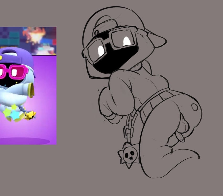 ass backsack balls bottomless brawl_stars calaziike gay ghost glasses headgear hoodie keychain looking_back male male_only penis shade_(brawl_stars) shaded_face