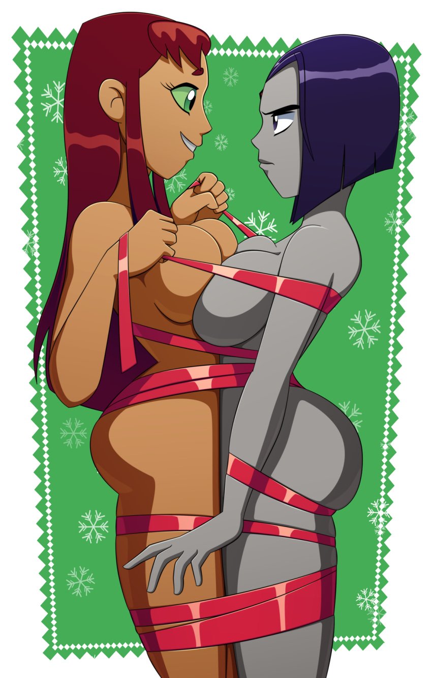 2girls alien_girl alternate_breast_size angry annoyed ass big_ass big_breasts blue_eyes blue_hair bob_cut bound_together breast_press breasts cartoon_network christmas colored_skin dc dc_comics demon_girl eye_contact female female_only green_eyes green_sclera grey_skin grin interspecies koriand'r large_ass large_breasts large_breasts_lesbian lesbian long_hair looking_at_another naked_ribbon neck nude rachel_roth raven_(dc) ravenravenraven red_hair ribbon short_hair sidelocks smile standing starfire straight_hair symmetrical_docking tamaranean teen_titans yuri