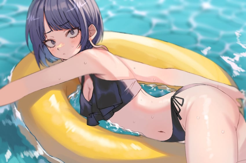 afloat armpit_crease ass audio_jack bare_arms bare_belly bare_legs bare_shoulders bare_thighs belly_button bikini black_bikini blush breasts chizodazou cleavage closed_mouth compact_body frilled_bikini innertube kyoka_jiro my_hero_academia ocean purple_eyes purple_hair shiny_skin short_hair side-tie_bikini_bottom small_breasts thighs water wet_body