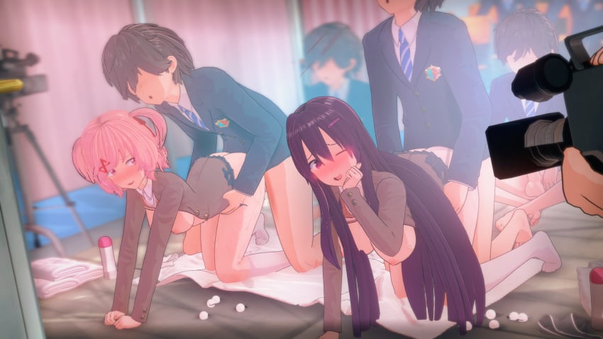 3d big_breasts cute_face cute_fang doki_doki_literature_club filming gangbang group_sex human human_only light-skinned_female light-skinned_male light_skin natsuki_(doki_doki_literature_club) sex smug_face vaginal yuri_(doki_doki_literature_club)