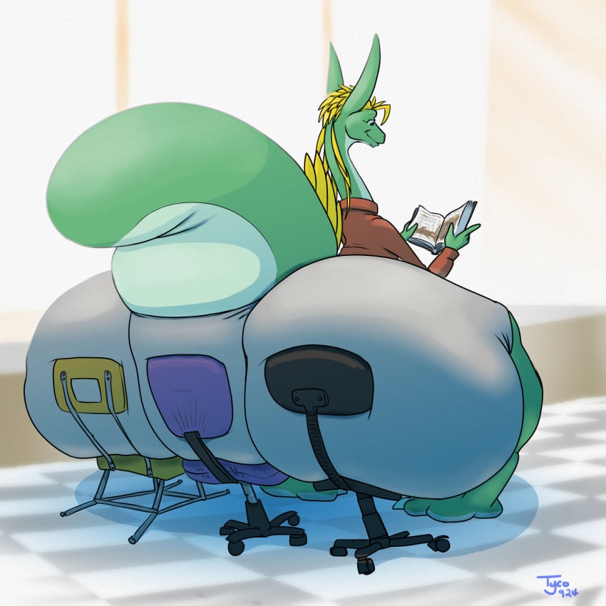 1boy anthro ass big_tail blonde_hair book casual chair dragon gigantic_ass green_body green_skin hips hyper hyper_ass large_ass male male_focus male_only multiple_chairs_for_one office_chair reading scalie scalie_humanoid shorts sitting sitting_down tail thick_thighs thighs three_chairs_for_one tyco_(tyrannozilla) tyrannozilla wide_hips