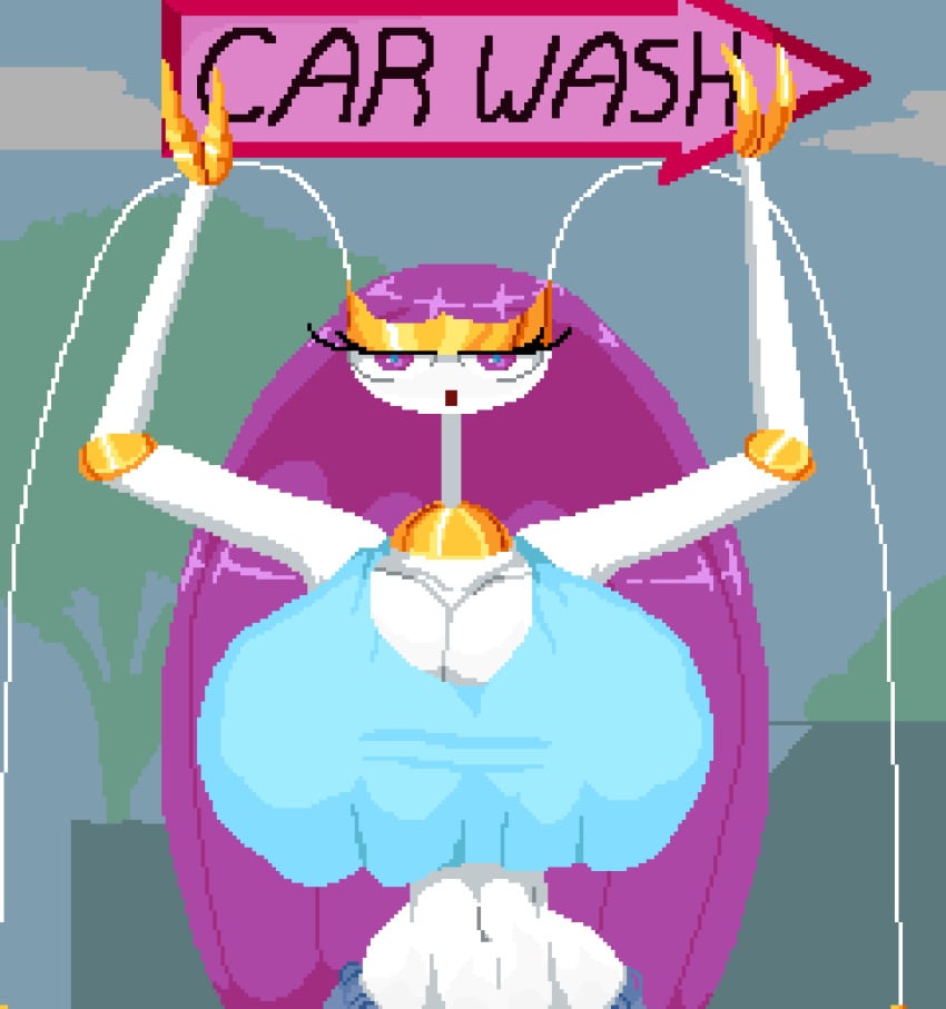 abdomen animated arms_up big_breasts blue_topwear bouncing_breasts breast_jiggle breasts breasts_bigger_than_head huge_breasts hyper_breasts jiggle massive_breasts pheromosa pixel_animation pixel_art pokemon purple_eyes purple_hair shorts spinneborg white_body