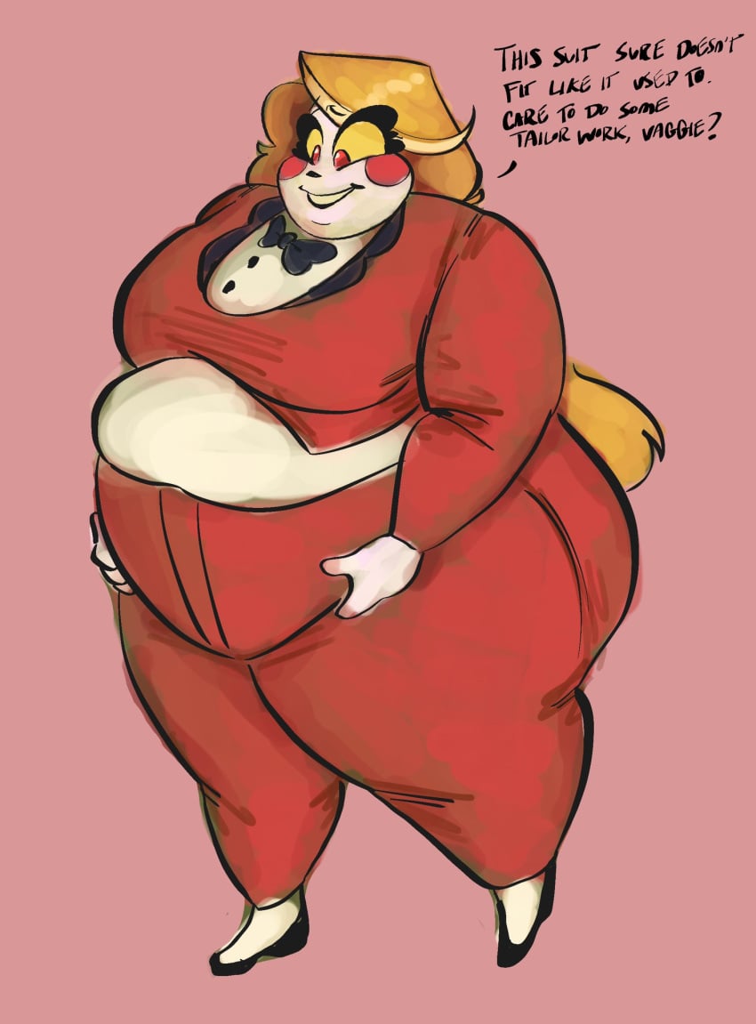 charlie_morningstar_(hazbin_hotel) fat_cheeks hazbin_hotel huge_ass huge_belly huge_thighs morbidly_obese morbidly_obese_female obese obese_female smiling smuush speech_bubble tagme tight_clothing wardrobe_malfunction