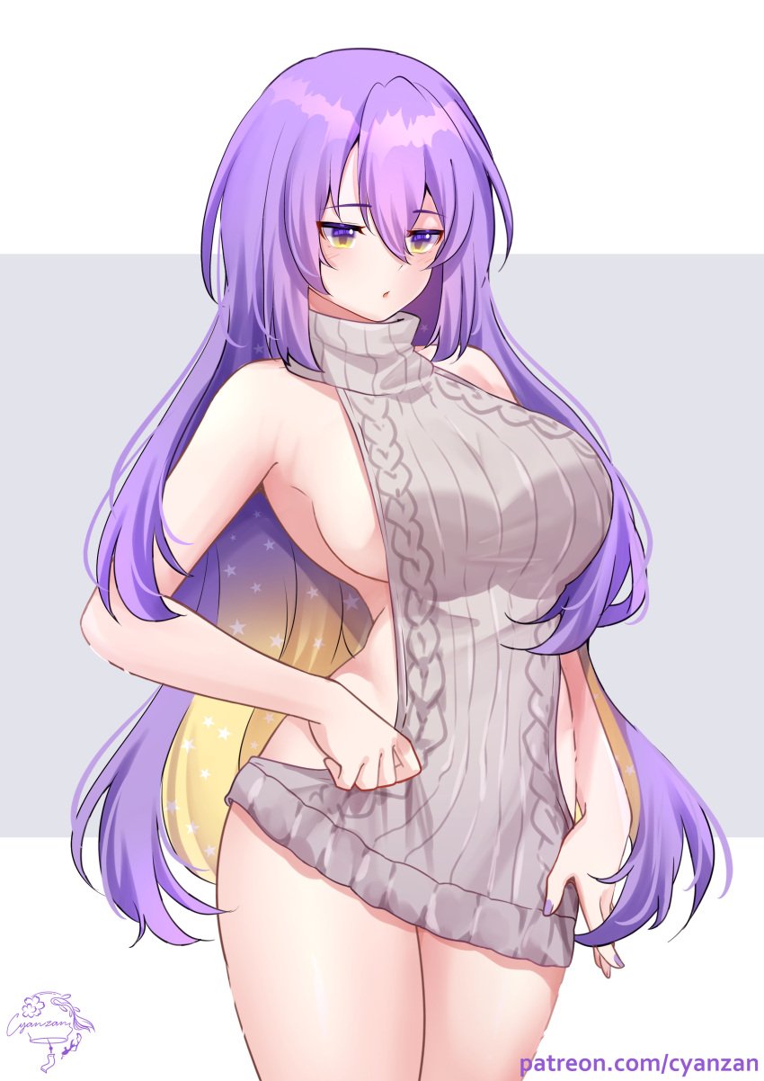 1girls big_breasts breasts cyanzan female female_only hololive hololive_indonesia hololive_indonesia_area_15 huge_breasts light-skinned_female light_skin meme_attire moona_hoshinova no_bra no_panties no_underwear purple_eyes purple_hair solo sweater virgin_killer_sweater virtual_youtuber