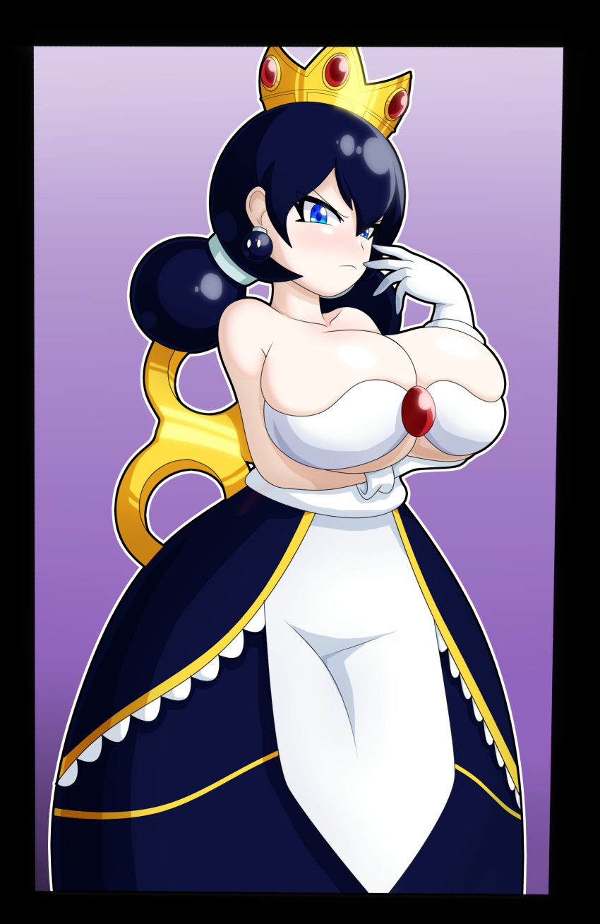 1girls arm_under_breasts big_breasts black_hair blue_eyes bob-omb bomb bombs breasts crown dress gems gijinka gloves humanoid king_bob-omb luckerabbit6 mrlucke queen queen_bob-omb_(mrlucke) rule_63 super_mario_64 tagme twintails white_gloves