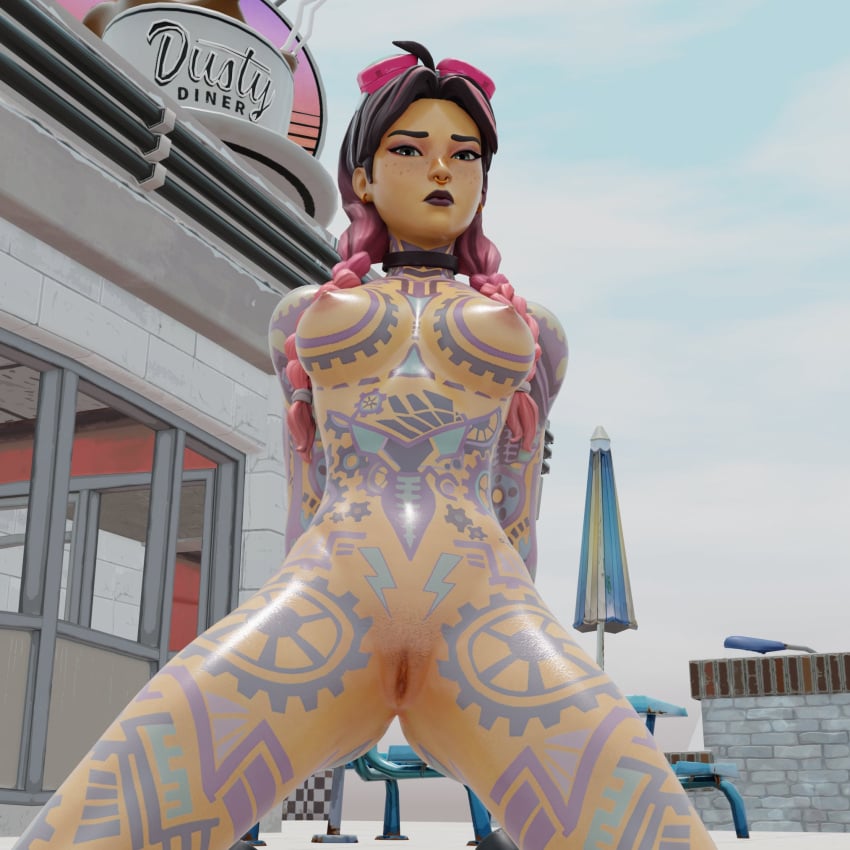 3d 3d_(artwork) beach_jules breasts choker completely_nude completely_nude_female cowlick female female_only fortnite frown goggles goggles_on_head hands_behind_head jules_(fortnite) kfc_(artist) looking_down looking_down_at_viewer multicolored_hair nude nude_female public public_nudity pussy shiny shiny_skin solo solo_female tattoo tattoos