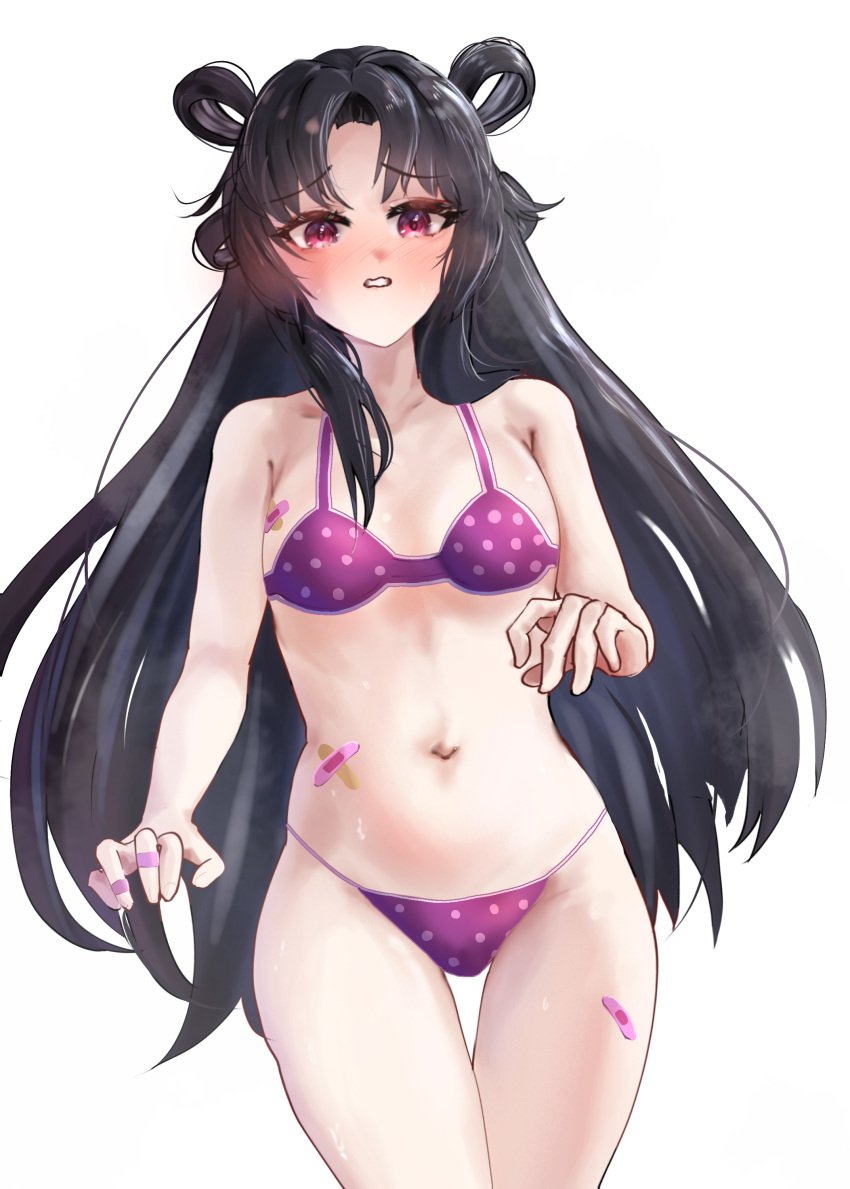 alternate_version_available bandage bandage_on_breasts bandage_on_thigh black_hair dohwa_(guardian_tales) guardian_tales just_(artist) micro_bikini navel polka_dot_bikini purple_eyes simple_background small_breasts soul_mage_dohwa_(guardian_tales) tagme tied_hair white_background